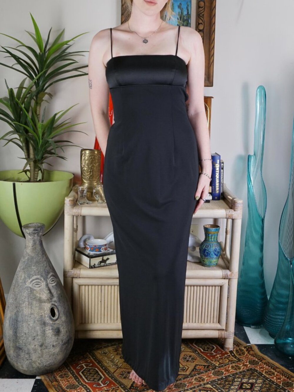 Vintage square neck formal maxi black dress